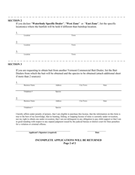 Commercial Bait Dealers Permit Application - Vermont, Page 2
