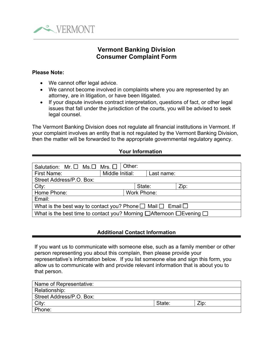 Consumer Complaint Form - Vermont Banking Division - Vermont, Page 1
