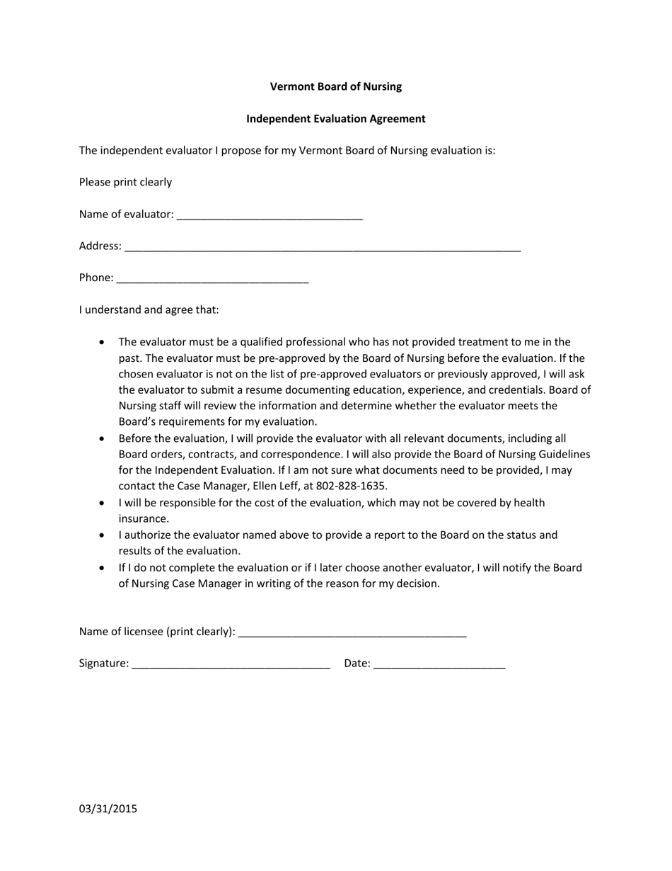 Vermont Independent Evaluation Agreement - Fill Out, Sign Online And 