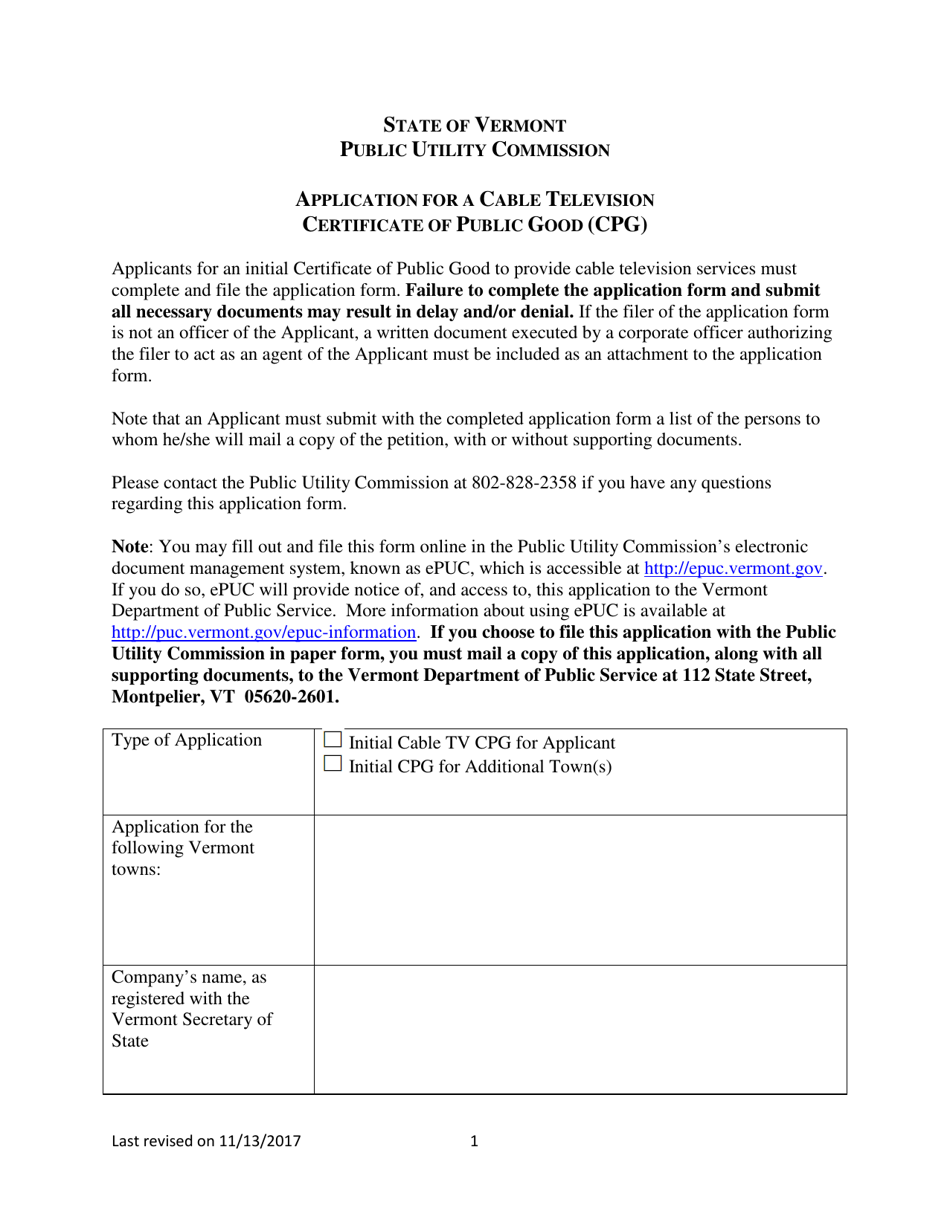 Application for a Cable Television Certificate of Public Good (Cpg) - Vermont, Page 1