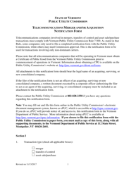 Telecommunications Merger and/or Acquisition Notification Form - Vermont