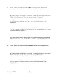 Telecommunications Merger and/or Acquisition Notification Form - Vermont, Page 2