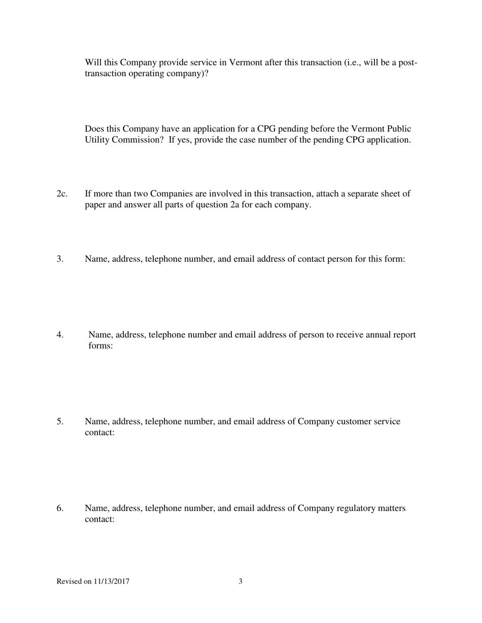 Telecommunications Merger and / or Acquisition Notification Form - Vermont, Page 3