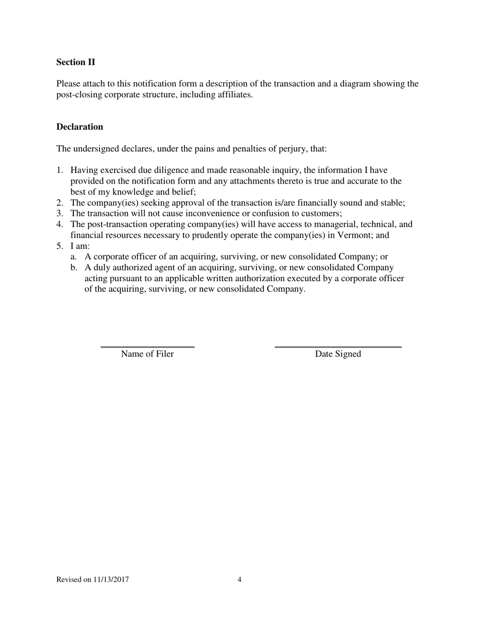 Telecommunications Merger and / or Acquisition Notification Form - Vermont, Page 4