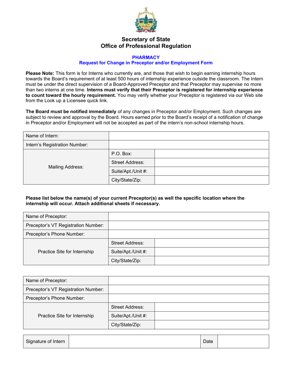 Request for Change in Preceptor and / or Employment Form - Pharmacy - Vermont, Page 1