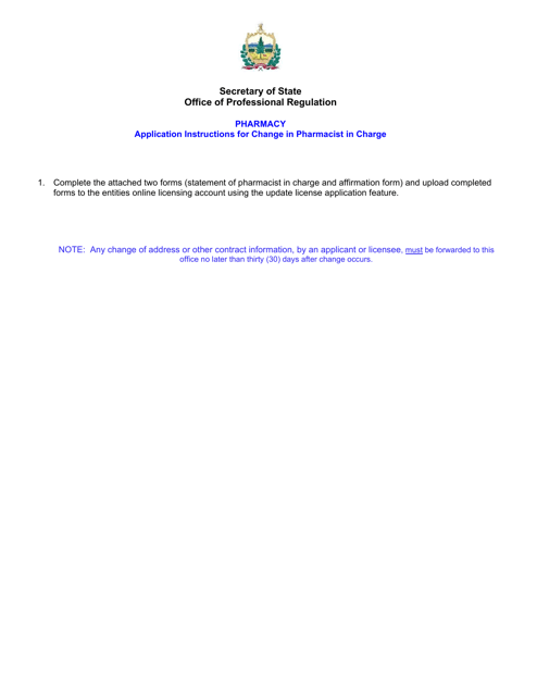 Non-resident Pharmacy Change in Pharmacist in Charge Application - Vermont Download Pdf