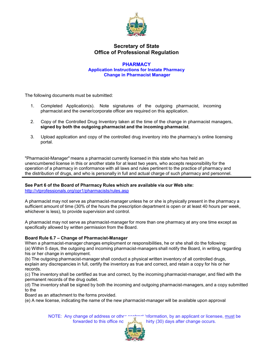 Vermont Instate Pharmacy Change in Manager Form Download Printable PDF