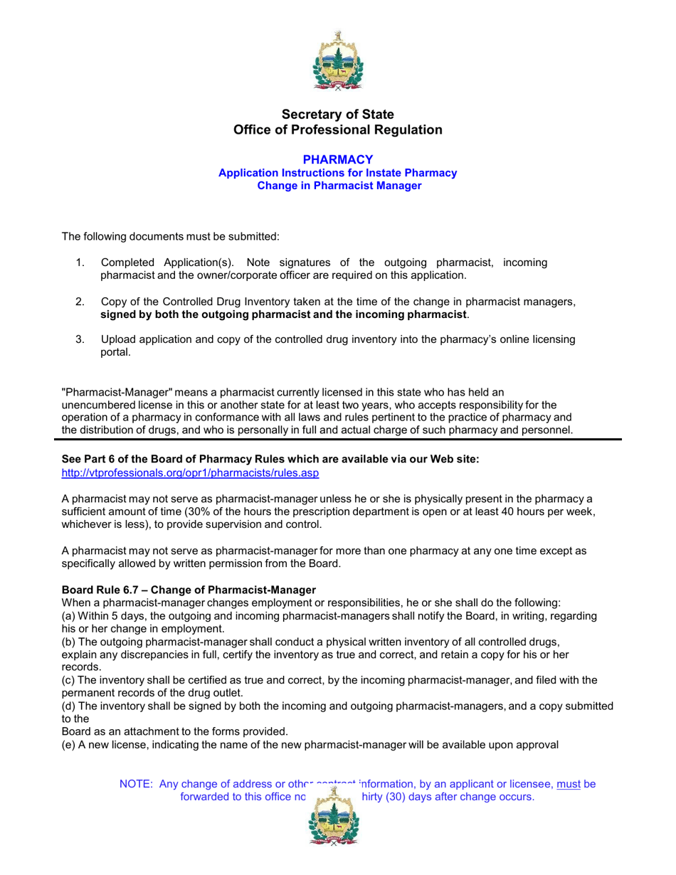 In-state Pharmacy Change in Manager Form - Vermont, Page 1