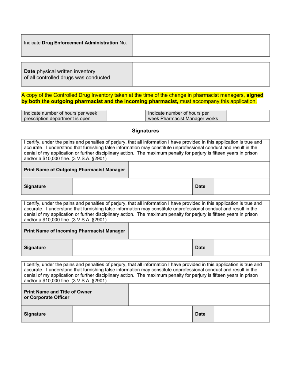 In-state Pharmacy Change in Manager Form - Vermont, Page 5