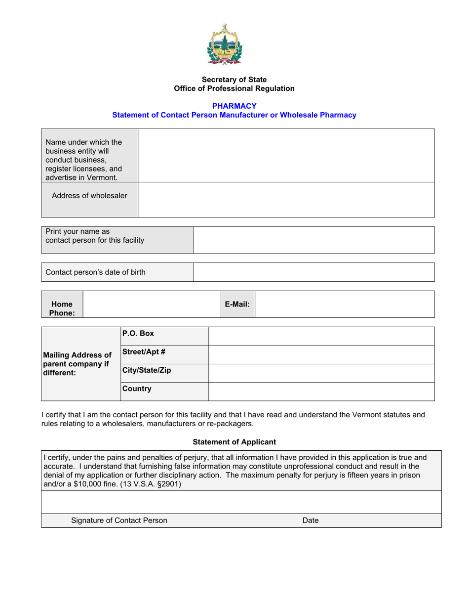 Wholesaler Change of Contact Person Application - Pharmacy - Vermont, Page 1