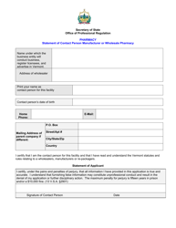 Document preview: Wholesaler Change of Contact Person Application - Pharmacy - Vermont