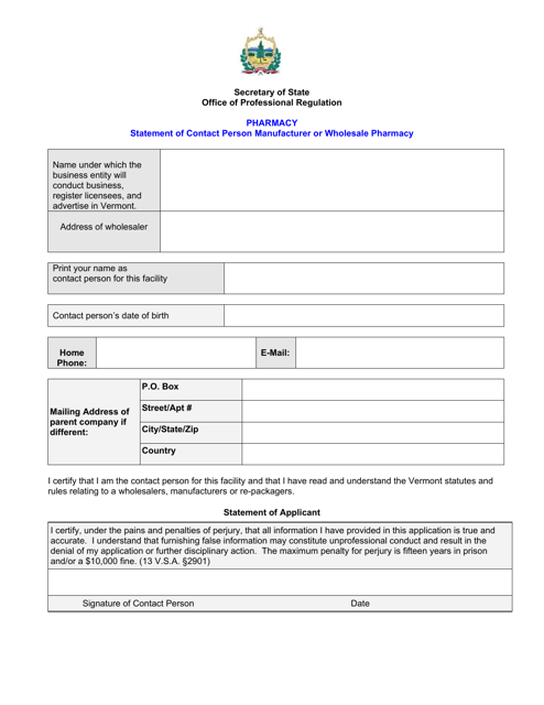 Wholesaler Change of Contact Person Application - Pharmacy - Vermont