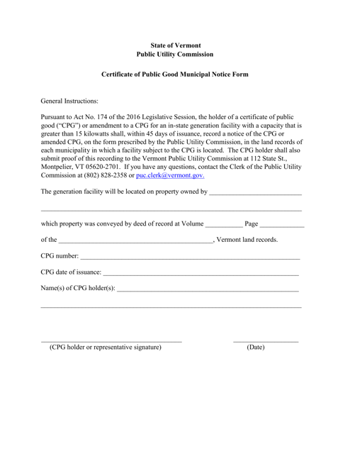Certificate of Public Good Municipal Notice Form - Vermont Download Pdf