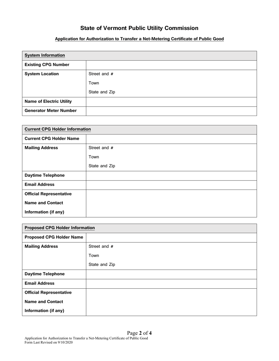 Application for Authorization to Transfer a Net-Metering Certificate of Public Good - Vermont, Page 2
