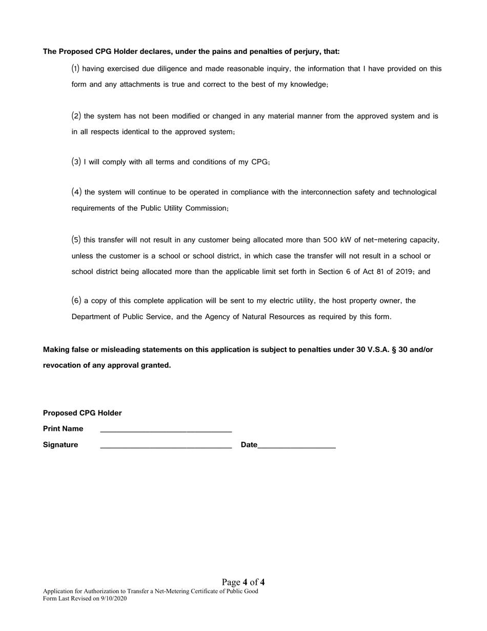 Application for Authorization to Transfer a Net-Metering Certificate of Public Good - Vermont, Page 4
