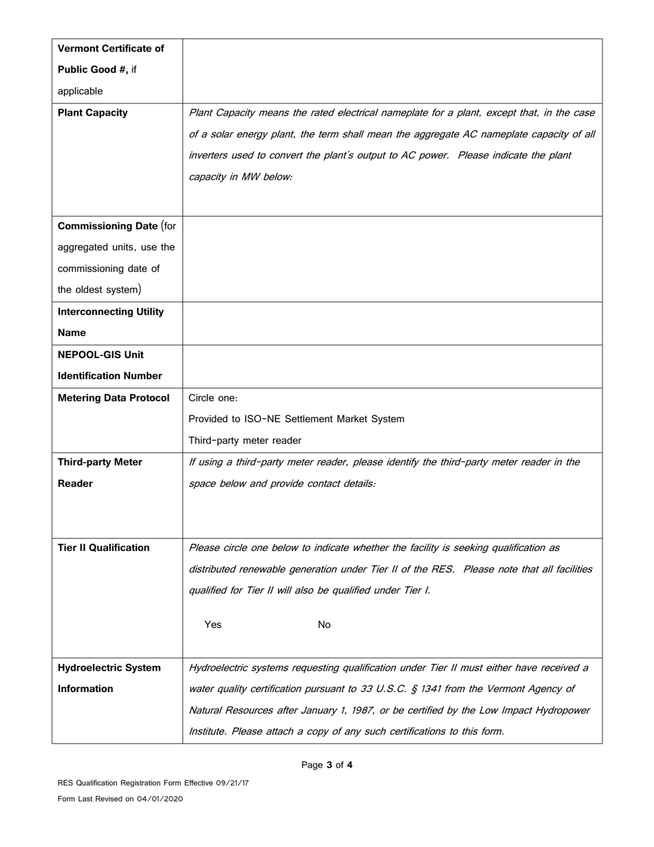 Vermont Renewable Energy Standard Tiers I and II Qualification Registration Form - Vermont, Page 3