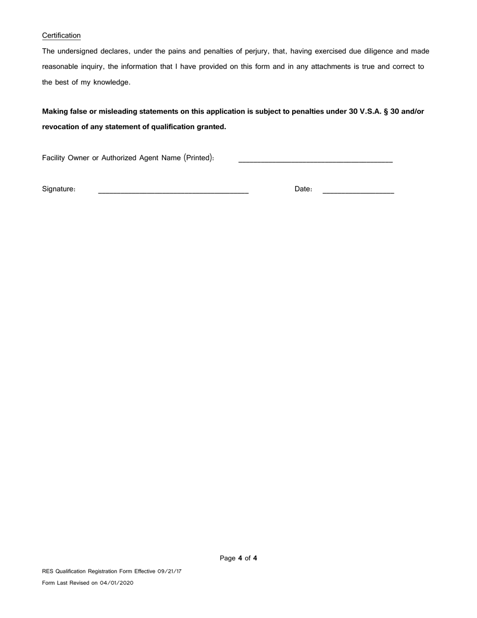 Vermont Renewable Energy Standard Tiers I and II Qualification Registration Form - Vermont, Page 4