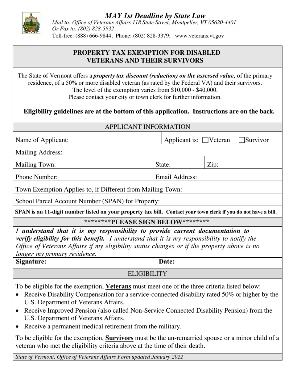 Property Tax Exemption for Disabled Veterans and Their Survivors - Vermont, Page 1