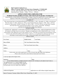 Application for a Diploma for World War II, Korean War, and Vietnam War Era Veterans - Vermont
