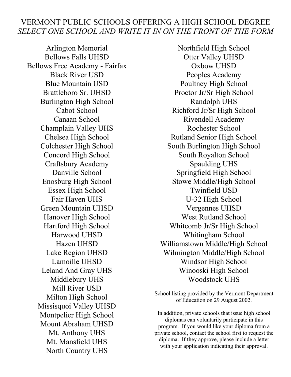 Application for a Diploma for World War II, Korean War, and Vietnam War Era Veterans - Vermont, Page 2