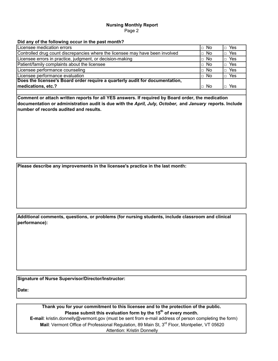 Employer or Nursing Program Report - Vermont, Page 2