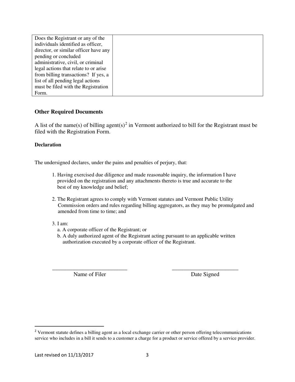 Telecommunications Billing Aggregator Registration Form - Vermont, Page 3