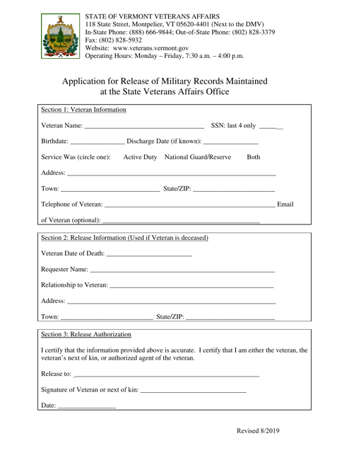 Application for Release of Military Records Maintained at the State Veterans Affairs Office - Vermont Download Pdf
