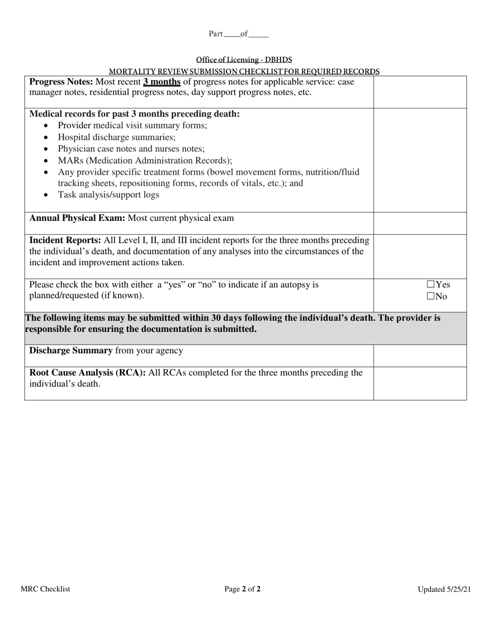 Virginia Mortality Review Submission Checklist for Required Records