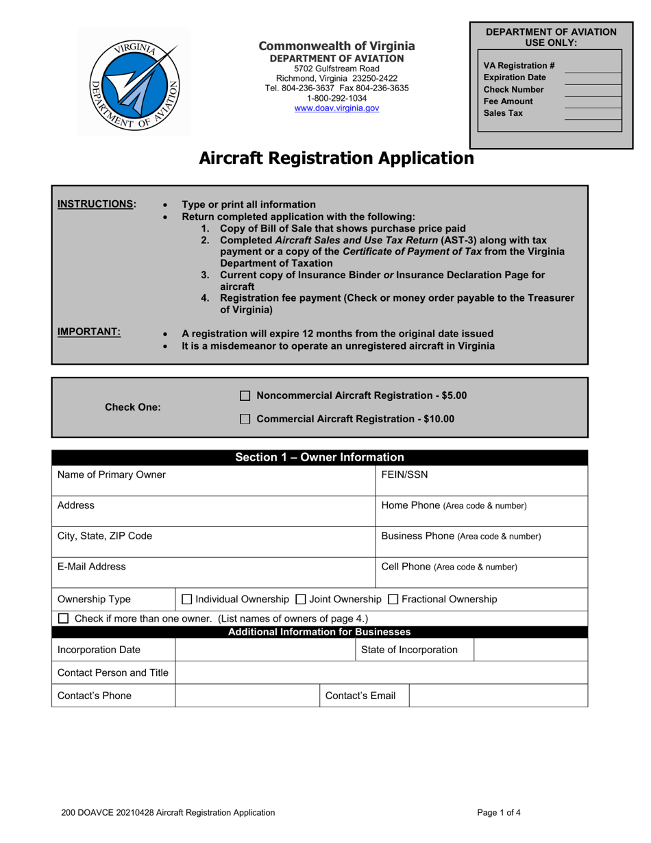 Aircraft Registration Application - Virginia, Page 1