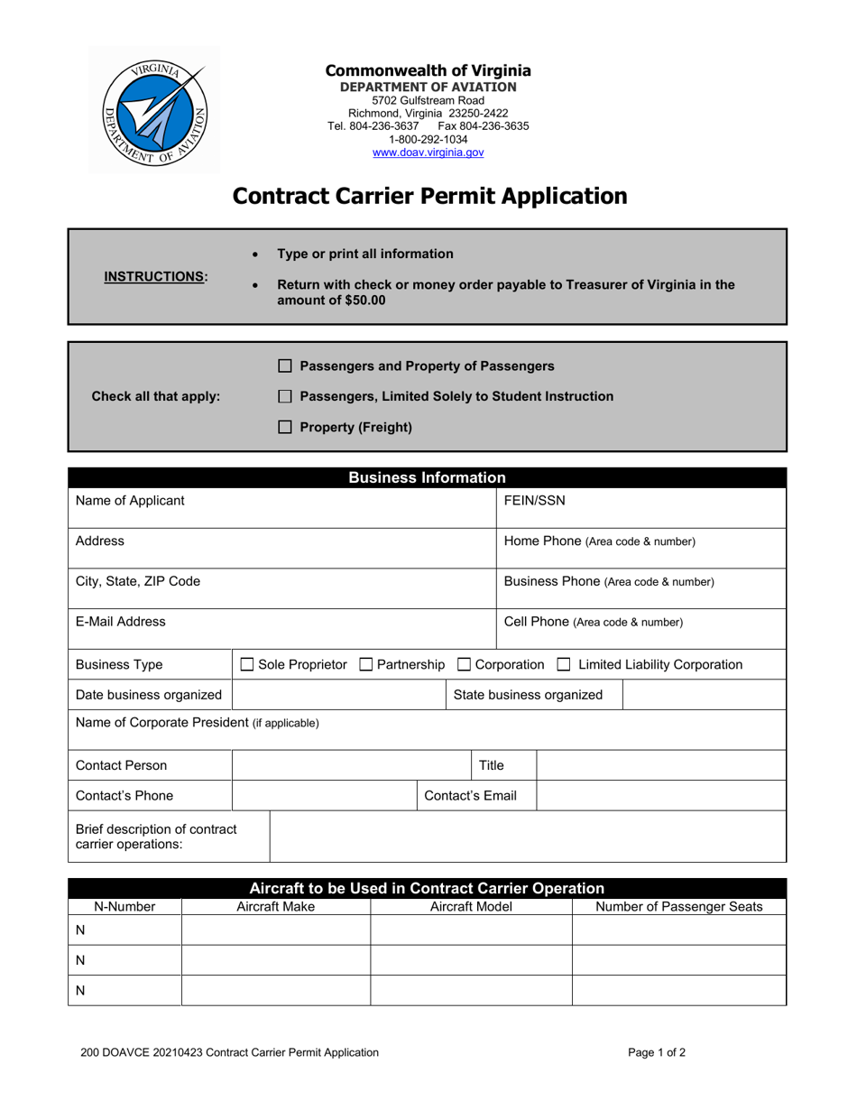 Contract Carrier Permit Application - Virginia, Page 1