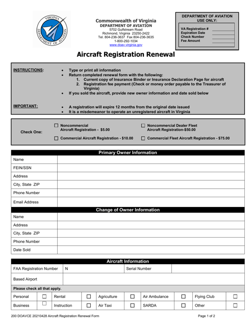 Aircraft Registration Renewal - Virginia Download Pdf