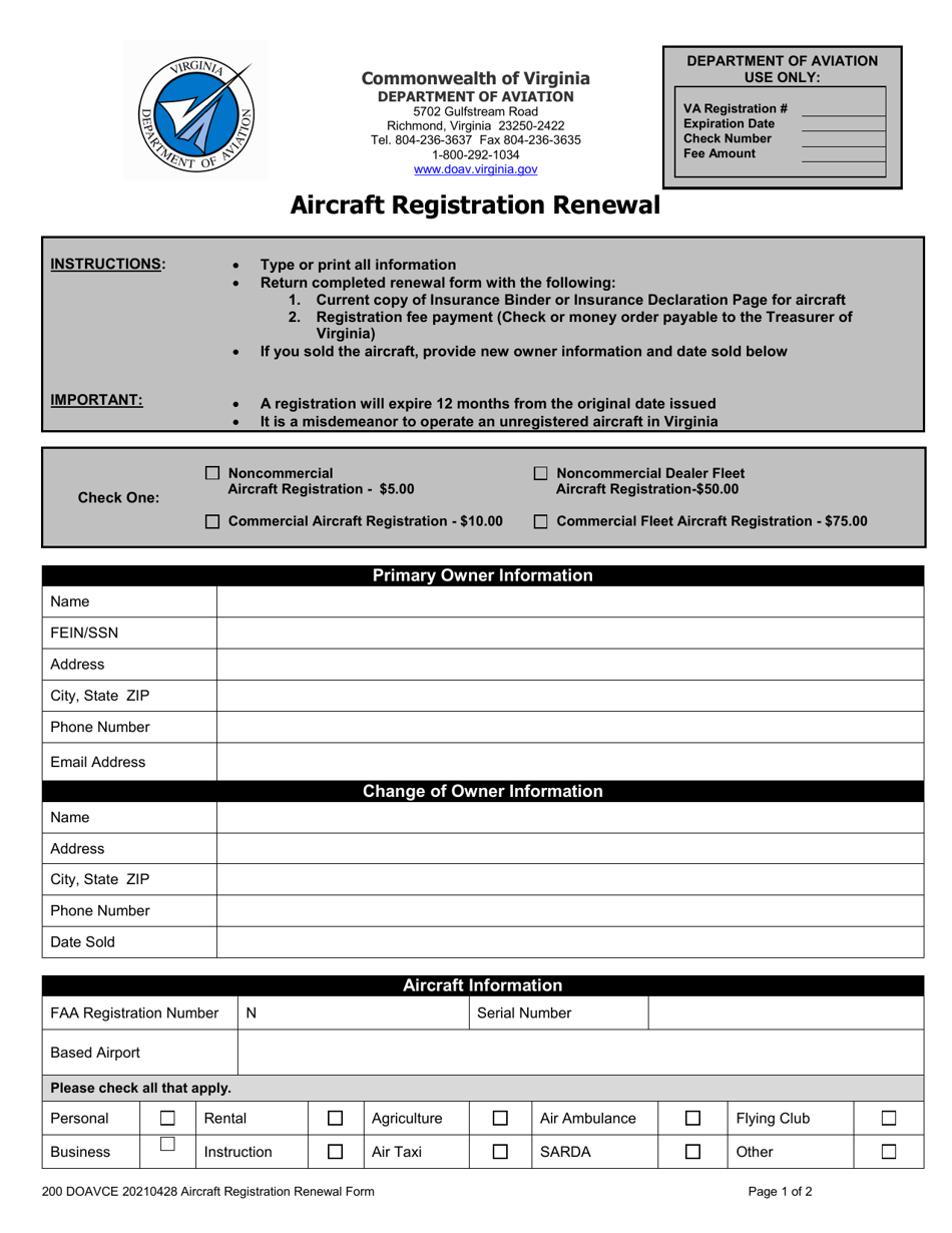 Virginia Aircraft Registration Renewal Fill Out Sign Online And Download Pdf Templateroller 0828