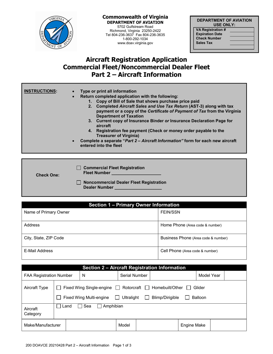 Virginia Aircraft Registration Application - Commercial Fleet ...