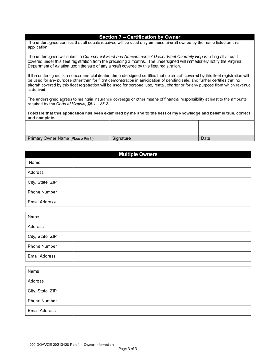 Part 1 Aircraft Registration Application Commercial Fleet / Noncommercial Dealer Fleet - Owner Information - Virginia, Page 3