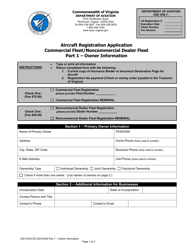 Document preview: Part 1 Aircraft Registration Application Commercial Fleet/Noncommercial Dealer Fleet - Owner Information - Virginia