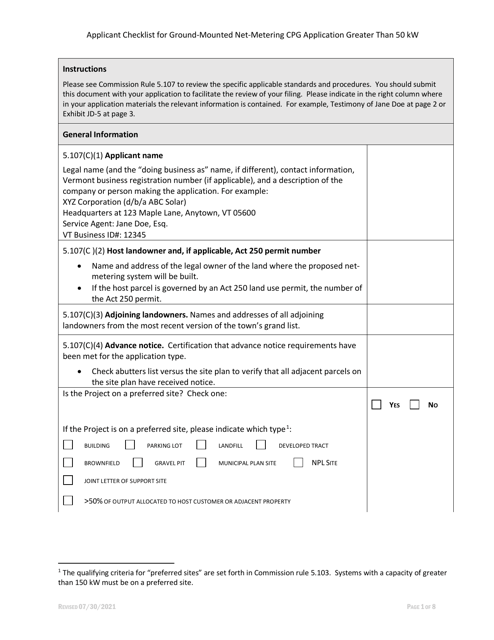 Applicant Checklist for Ground-Mounted Net-Metering Cpg Application Greater Than 50 Kw - Vermont Download Pdf