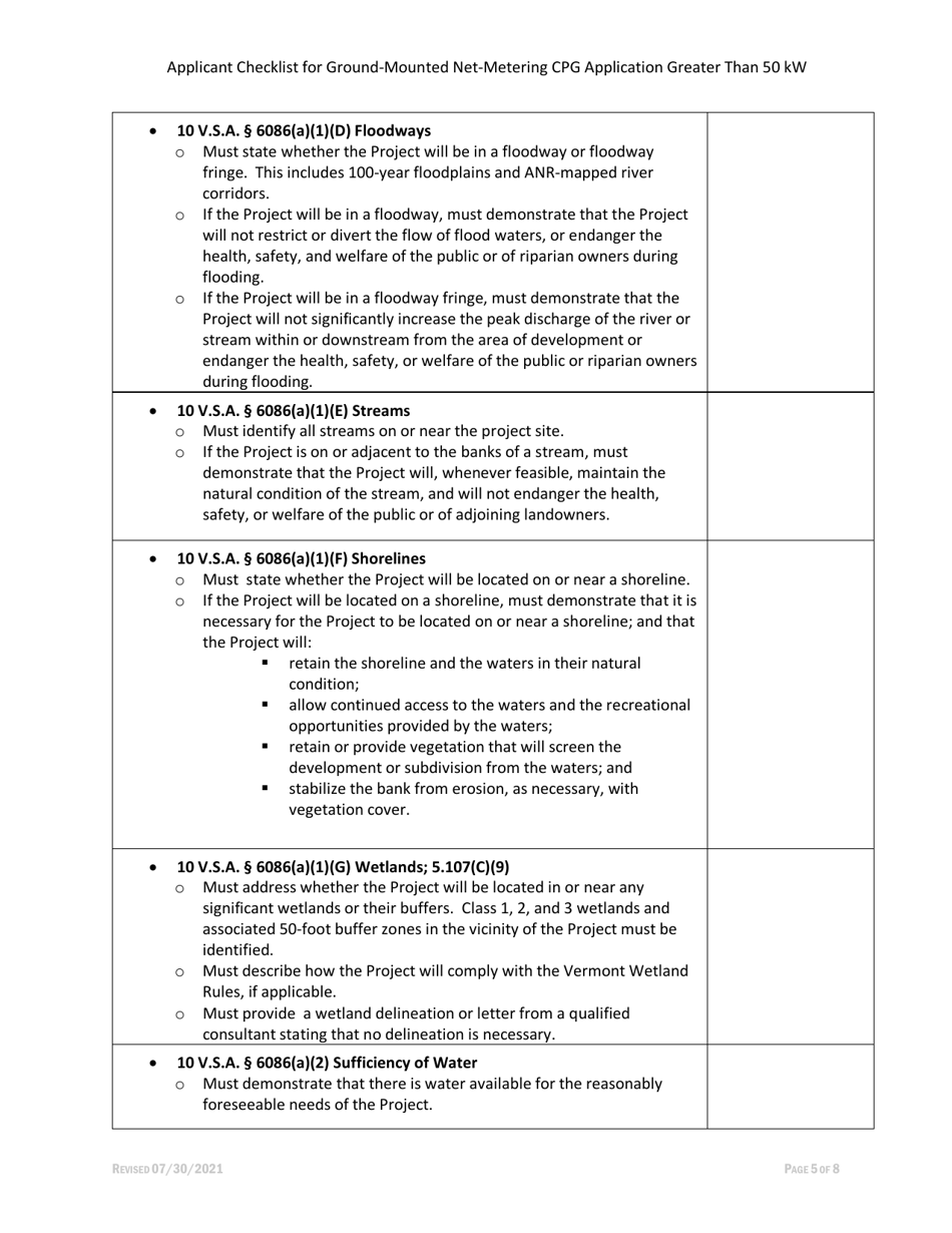 Applicant Checklist for Ground-Mounted Net-Metering Cpg Application Greater Than 50 Kw - Vermont, Page 5