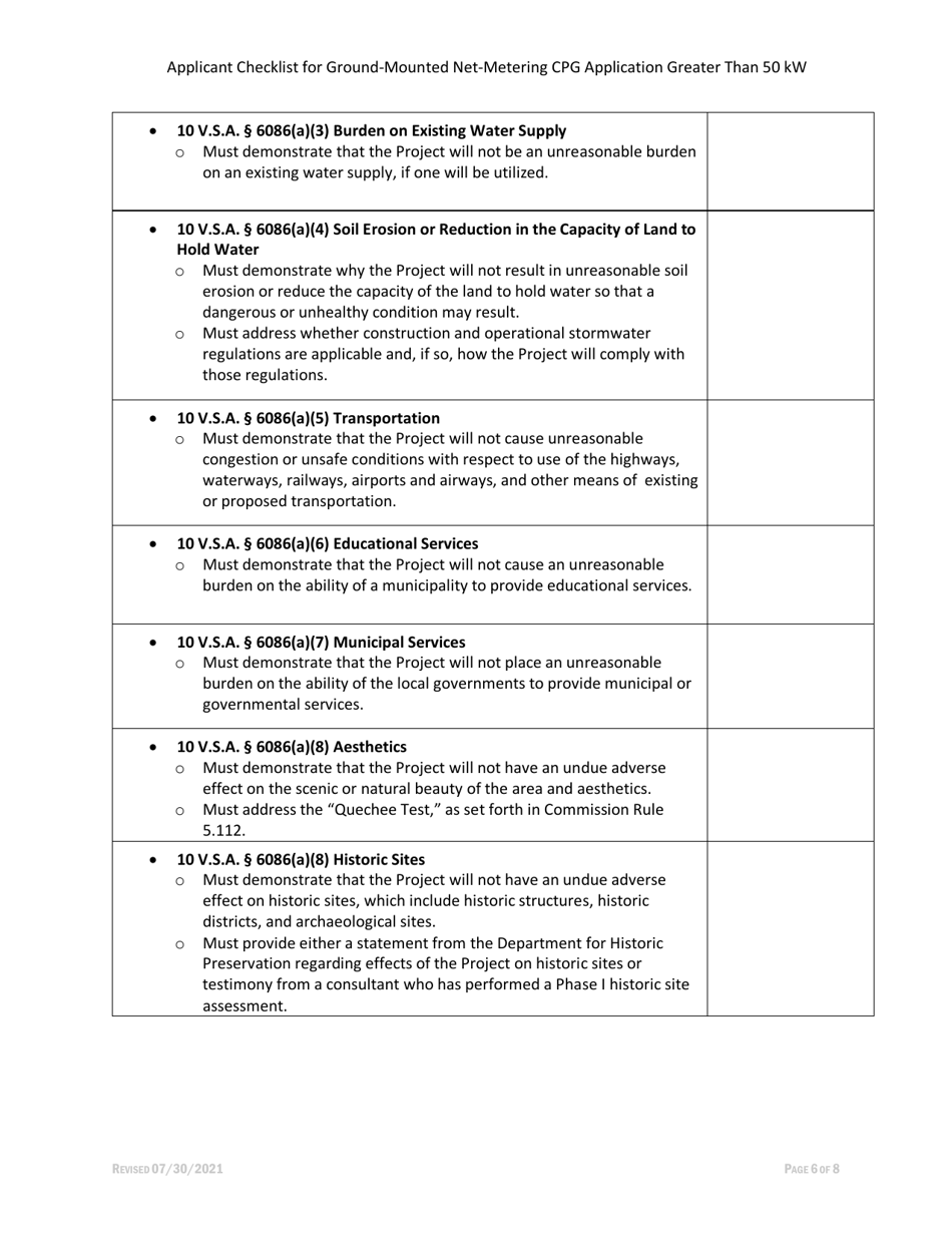 Applicant Checklist for Ground-Mounted Net-Metering Cpg Application Greater Than 50 Kw - Vermont, Page 6