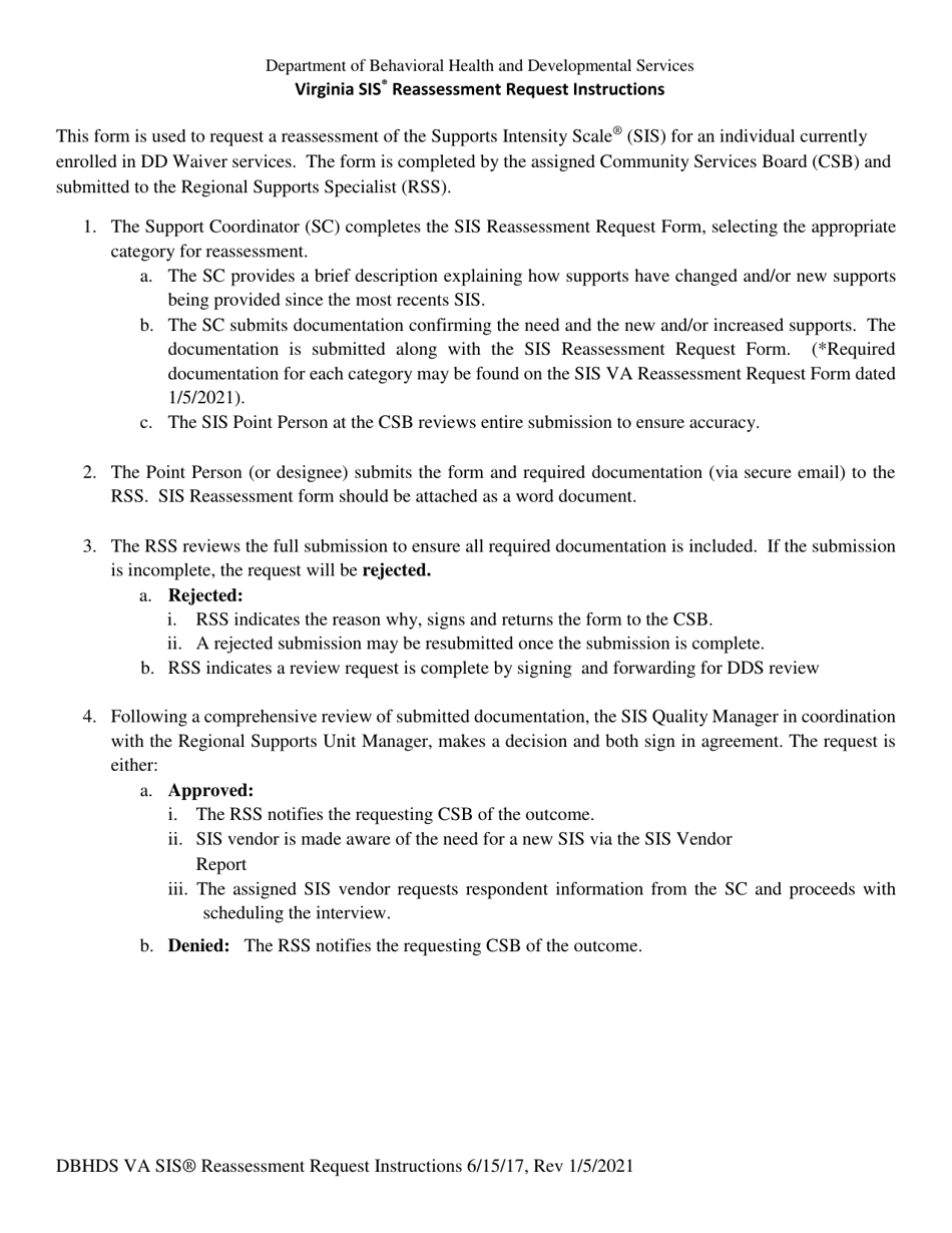 Instructions for Sis Reassessment Request Form - Virginia, Page 1