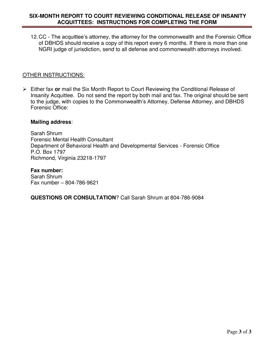 Instructions for Six Month Report to Court Reviewing Conditional Release of Insanity Acquittee - Virginia, Page 3