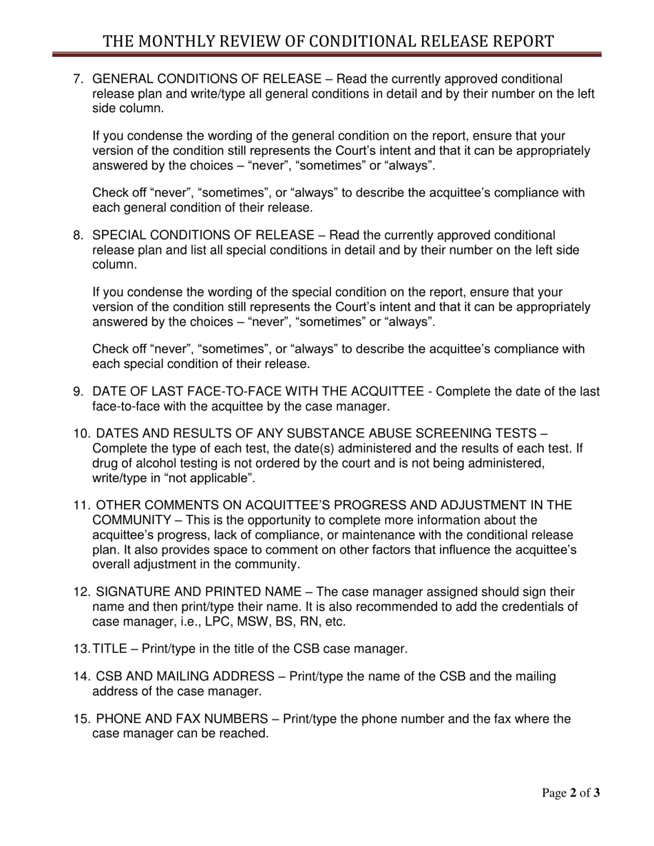 Instructions for Monthly Review of Conditional Release - Virginia, Page 2