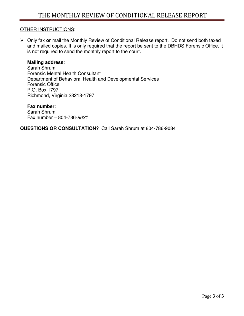 Instructions for Monthly Review of Conditional Release - Virginia, Page 3