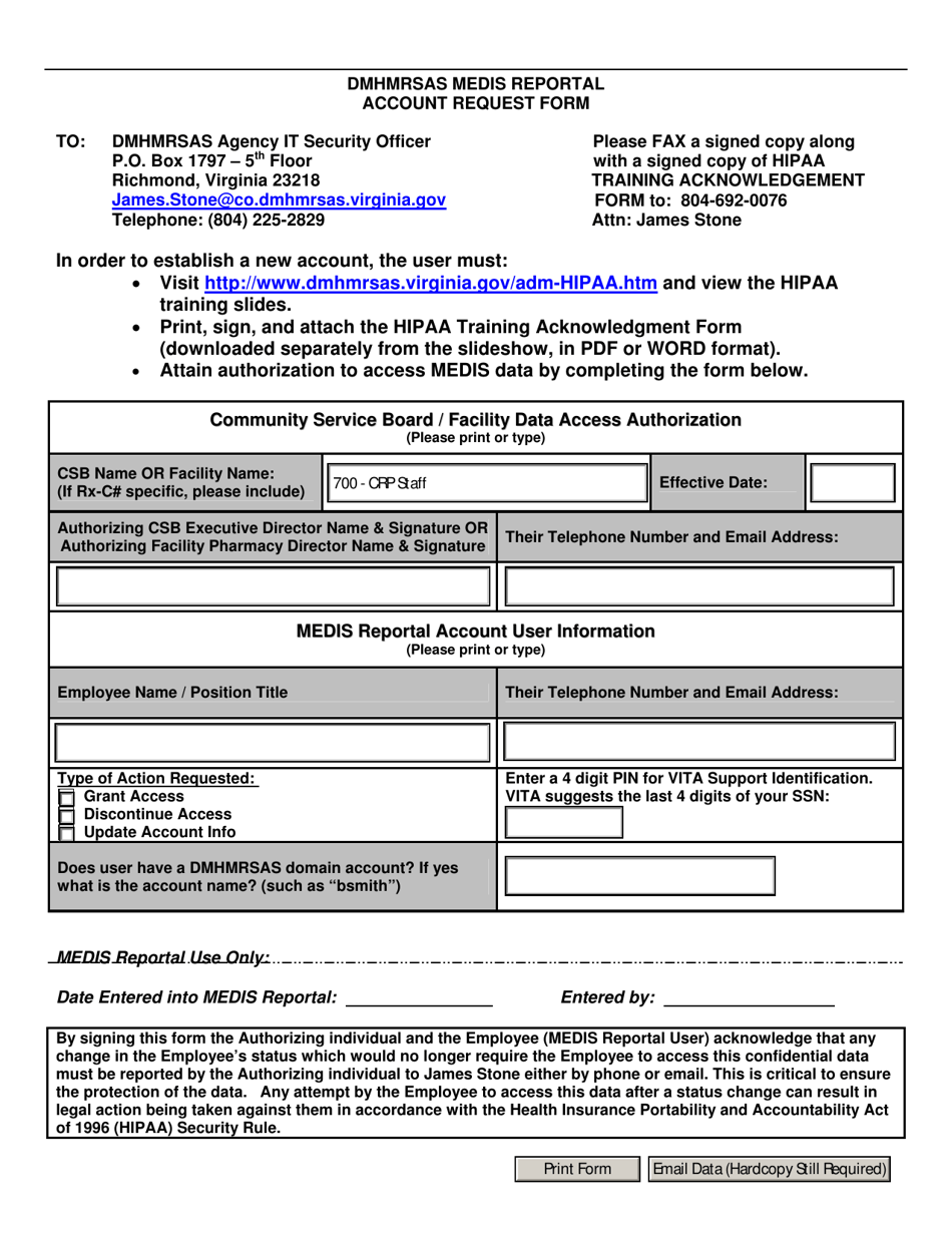 Dmhmrsas Medis Reportal Account Request Form - Virginia, Page 1