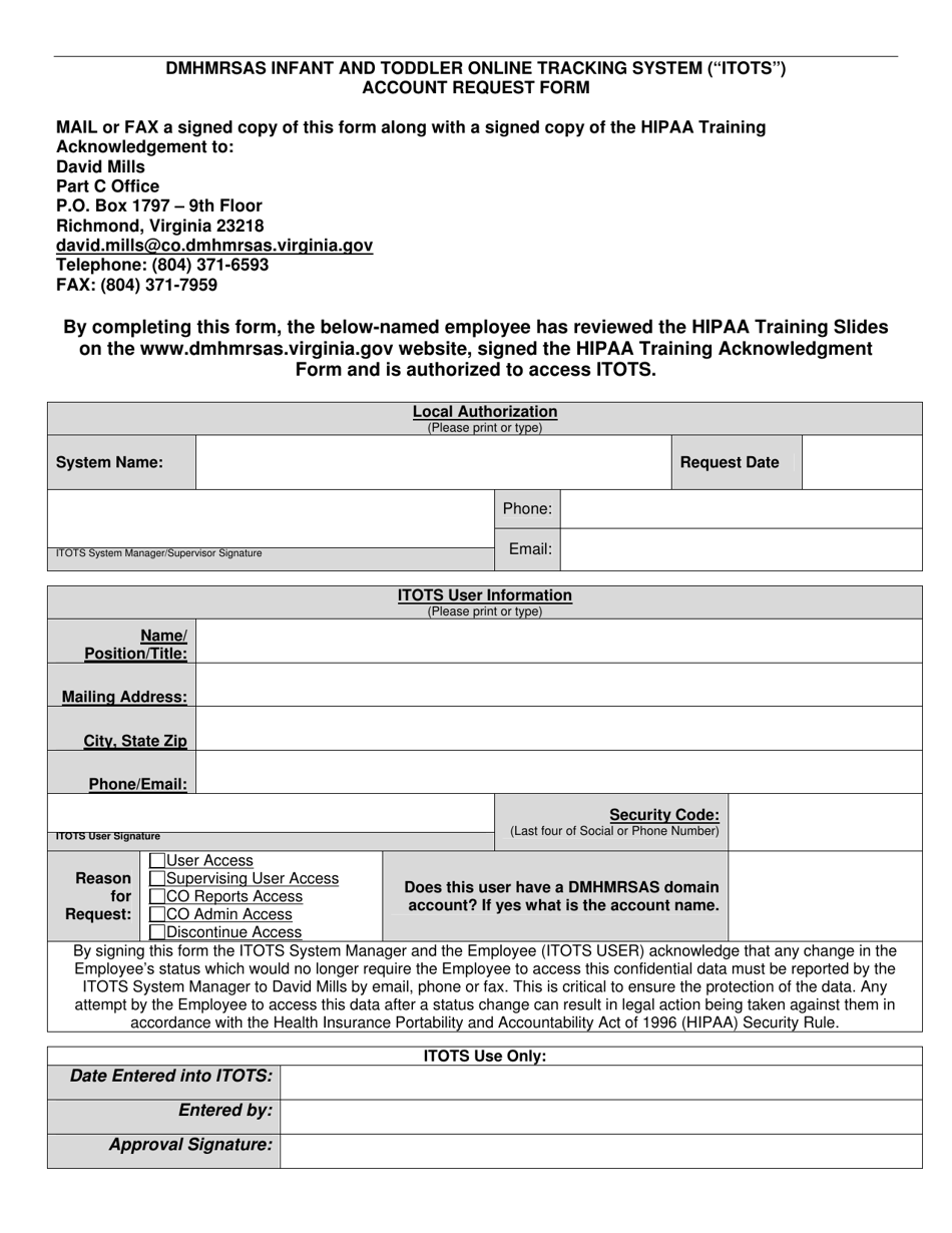 Dmhmrsas Infant and Toddler Online Tracking System (itots) Account Request Form - Virginia, Page 1