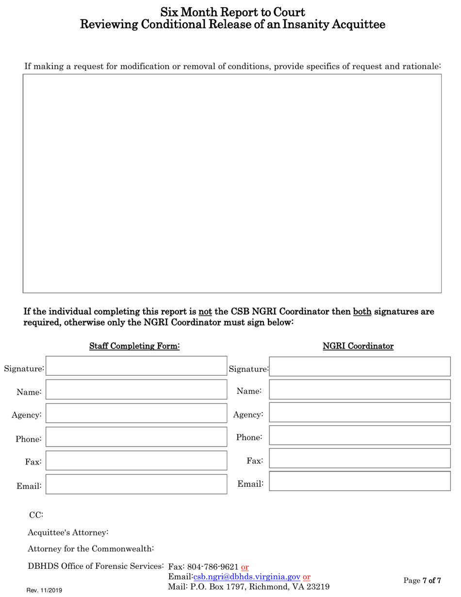 Six Month Report to Court Reviewing Conditional Release of an Insanity Acquittee - Virginia, Page 7