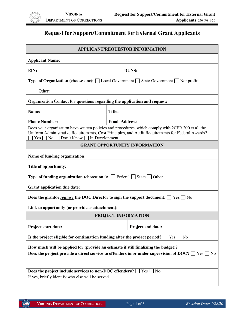 Form 6 Request for Support / Commitment for External Grant Applicants - Virginia, Page 1