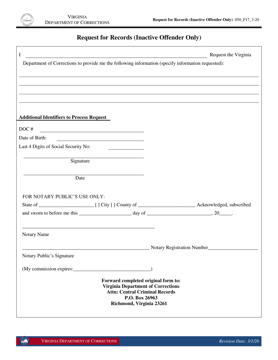 Form 17 Request for Records (Inactive Offender Only) - Virginia, Page 1