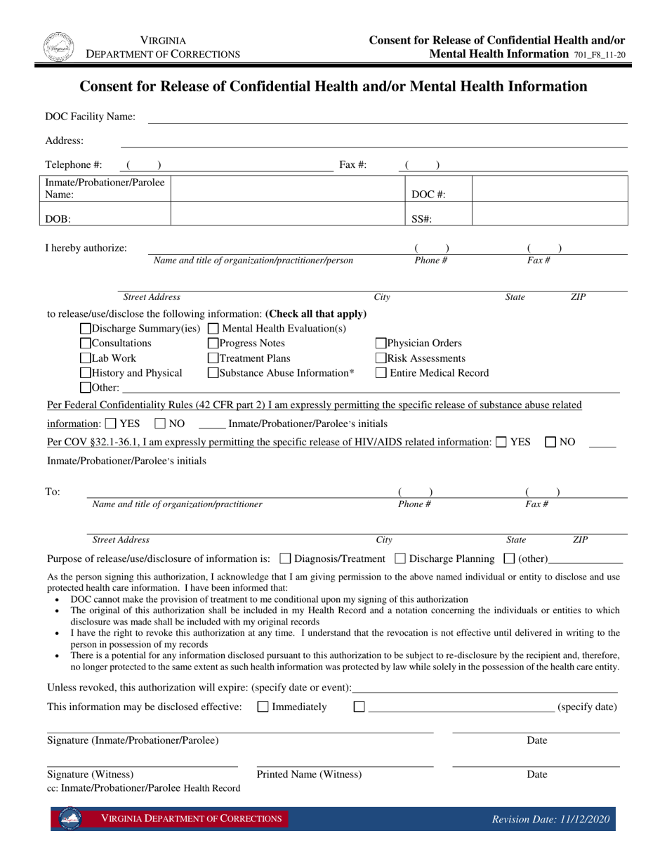 Form 8 Consent for Release of Confidential Health and / or Mental Health Information - Virginia, Page 1