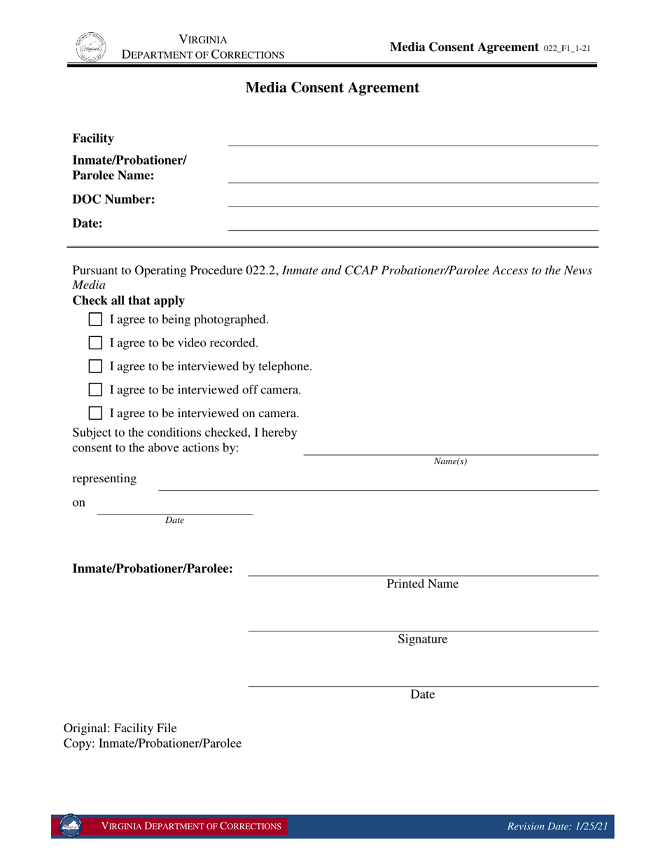 Form 1 Media Consent Agreement - Virginia, Page 1