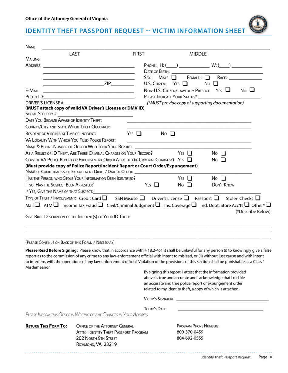 Virginia Identity Theft Passport Request Victim Information Sheet